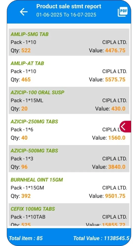 Product sale statement report in the CSR App